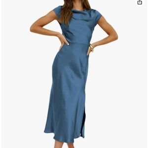 Women's Summer Satin Elegance Backless Twist Cap Sleeves Midi Dress